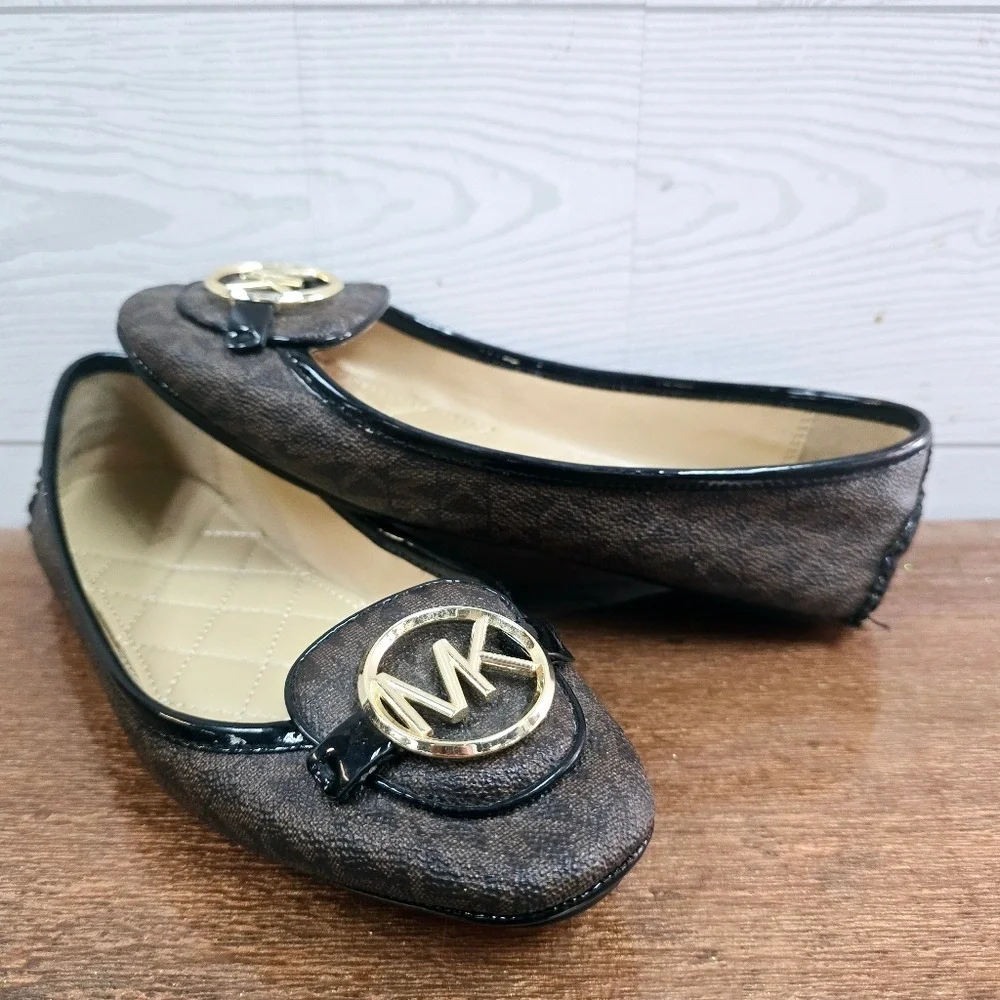 Michael Kors Fulton Moccasin‎ Brown Logo Flats Gold MK Medallion Womens 6M